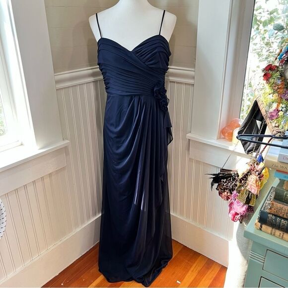 Camille La Vie Evening Gown Navy Draped w/ Fabric Flowers Size 14 - Picture 1 of 11